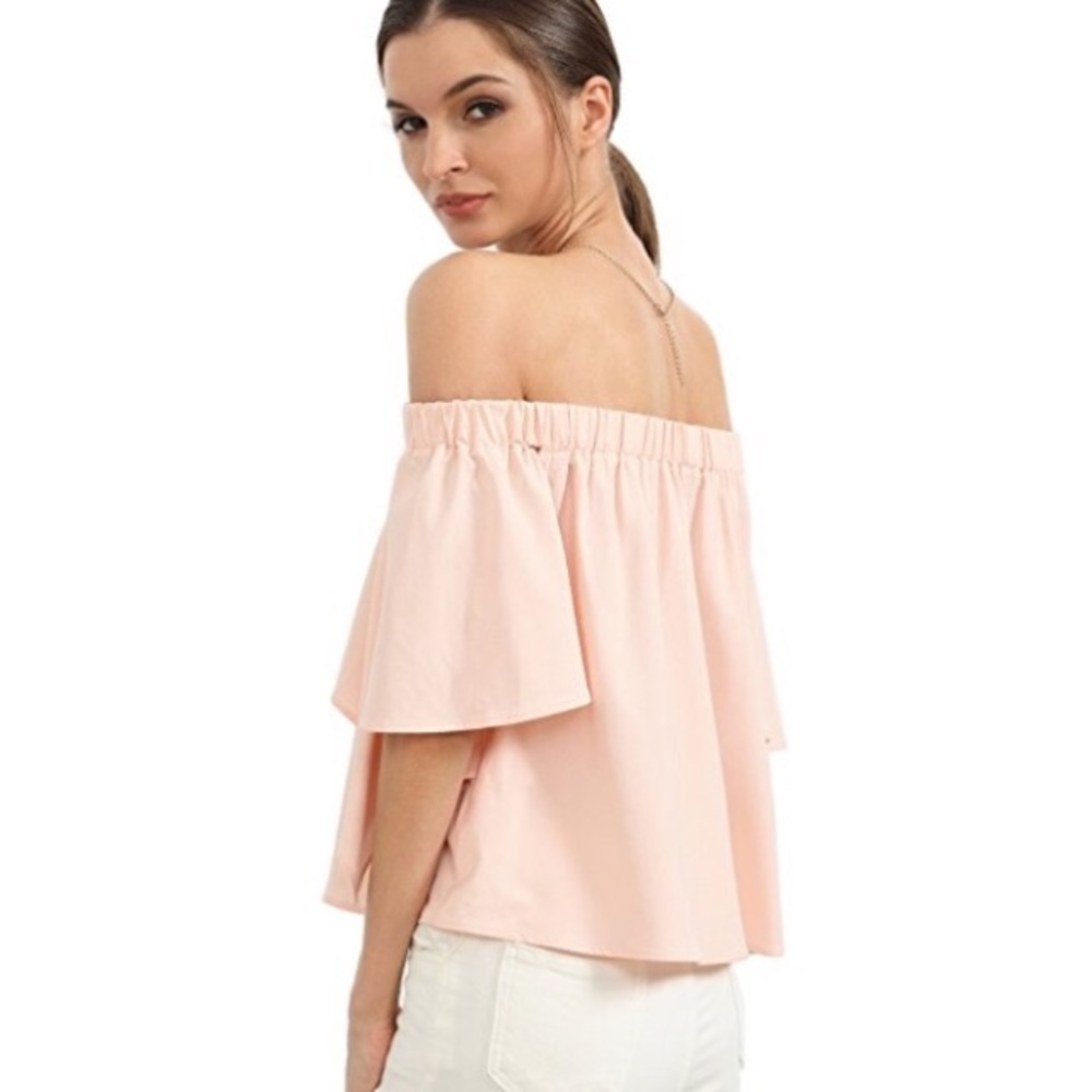 Blush Romantic Ruffled Overlay Split Sleeve Off Shoulder Blouse - Picture 2 of 7